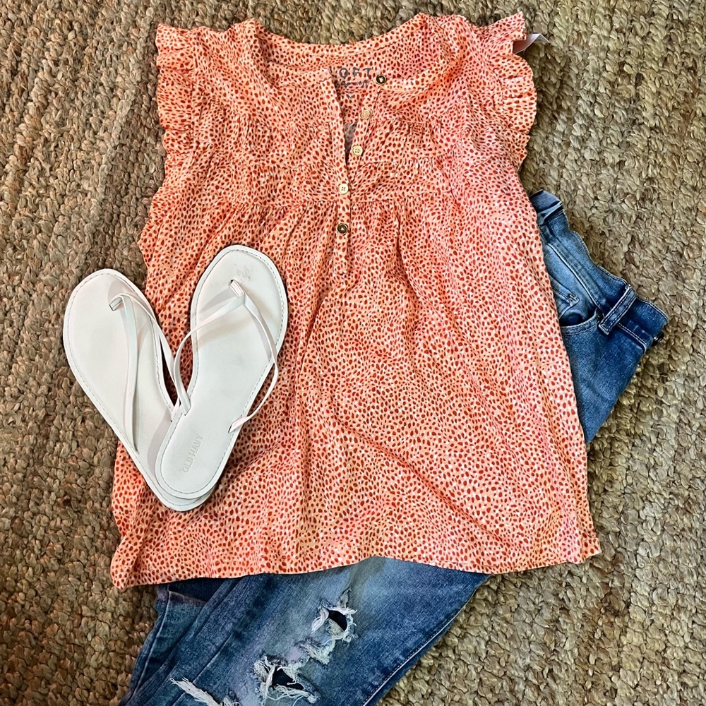 Loft Coral Spotted Ruffle Henley Top